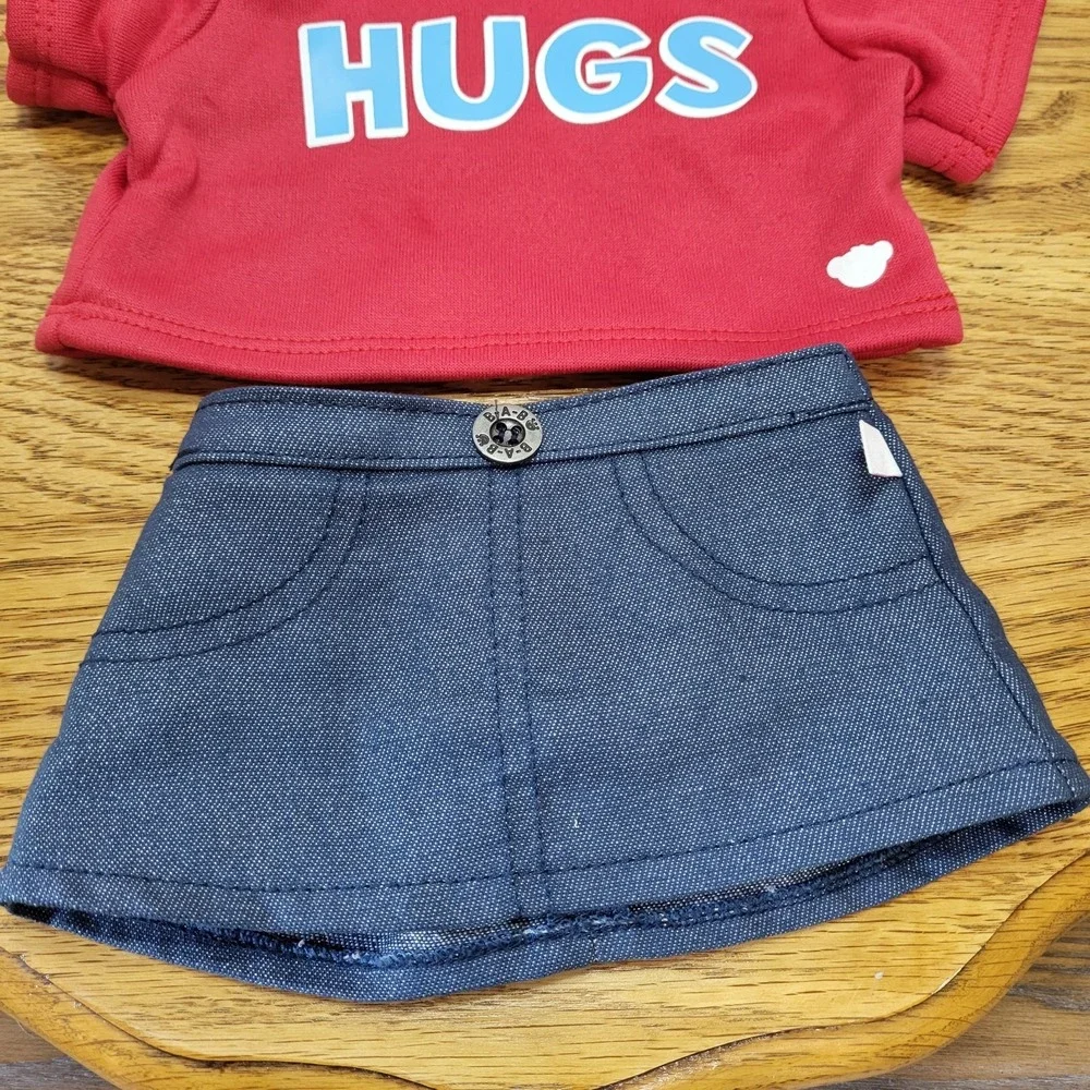NWT Build A Bear Workshop Red Hugs Hoodie Denim Skirt Plush Outfit Accessory
